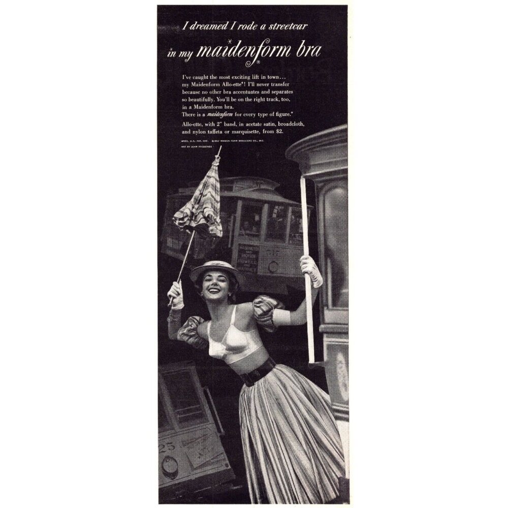 1952 Maidenform Allo-ette Bra Vintage Print Ad Woman Streetcar Parasol Wall Art